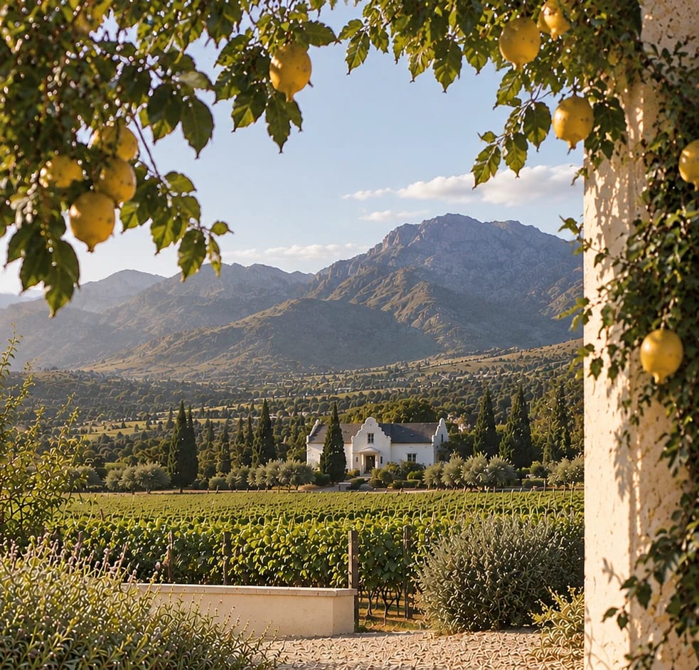 A white Cape Dutch homestead among cypresses and vineyards beneath the Franschhoek mountains, framed by a lemon tree