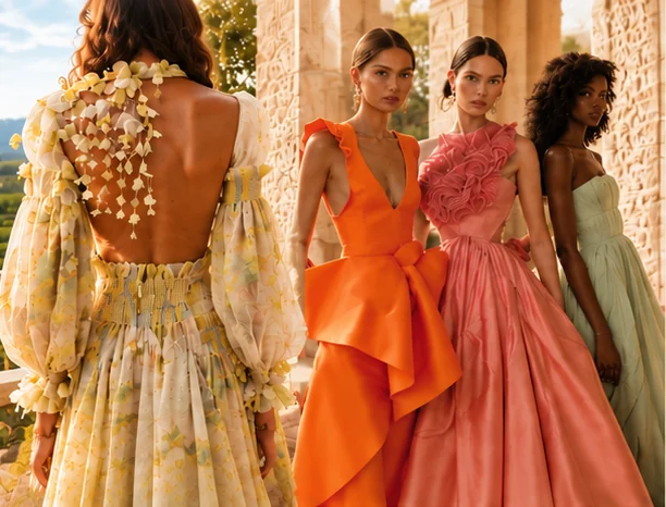 Four women in summer gowns: a sheer floral dress with an open back, a saffron gown with a sculpted bow, a coral ruffled gown and a sage strapless gown
