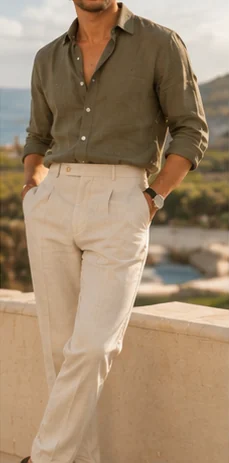 A man in an olive linen shirt and cream pleated trousers
