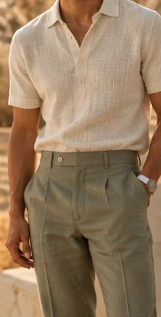 A textured cream short-sleeved shirt with sage-green trousers