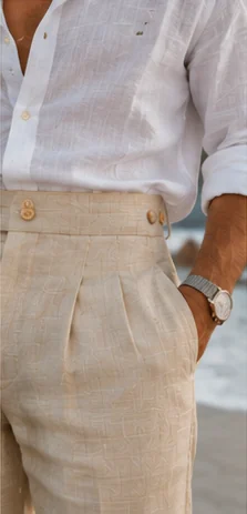 A white linen shirt tucked into pleated oatmeal trousers