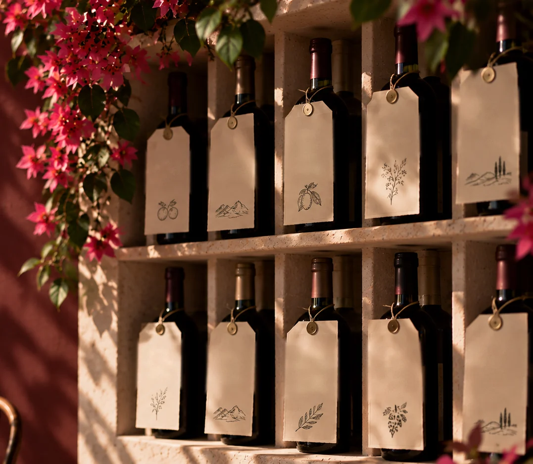 A stone wine rack under bougainvillea, a kraft tag hanging from every bottle
