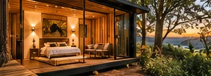 A glass-fronted cabin in the forest at dusk