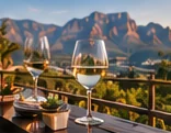 Wine glasses on a terrace looking out over the mountains