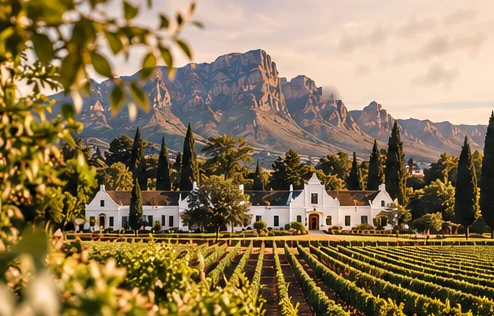 A Cape Dutch homestead among the vineyards beneath the Franschhoek mountains