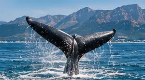 A southern right whale's tail rising from the sea off Hermanus